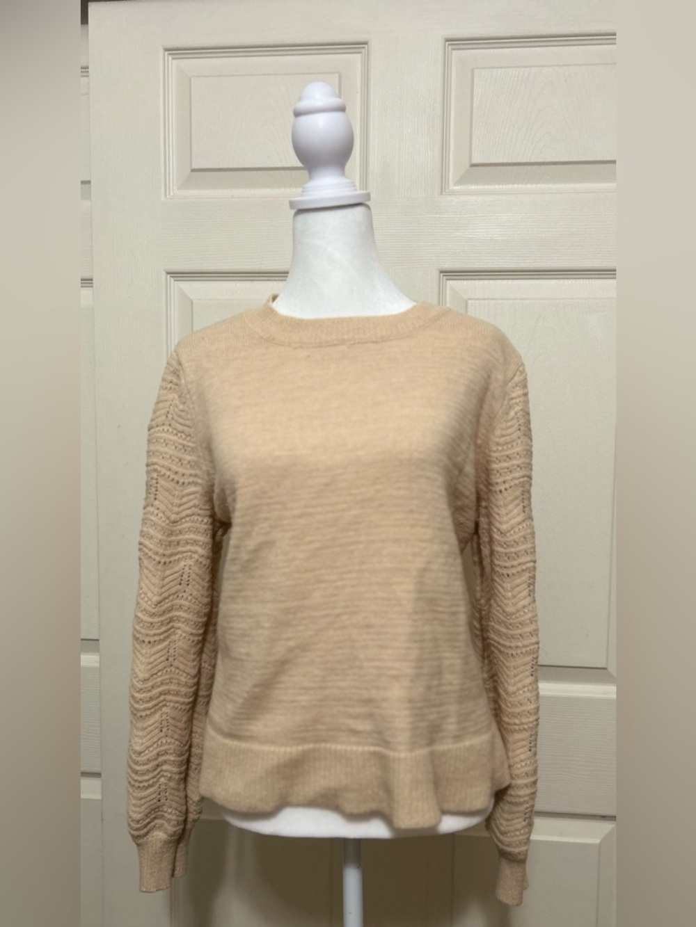 Christian Siriano Beige Crewneck Sweater with Lace-Pattern Sleeves